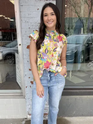 Floral Ruffle Cap Slv High Ruffle Neck Top ET70289