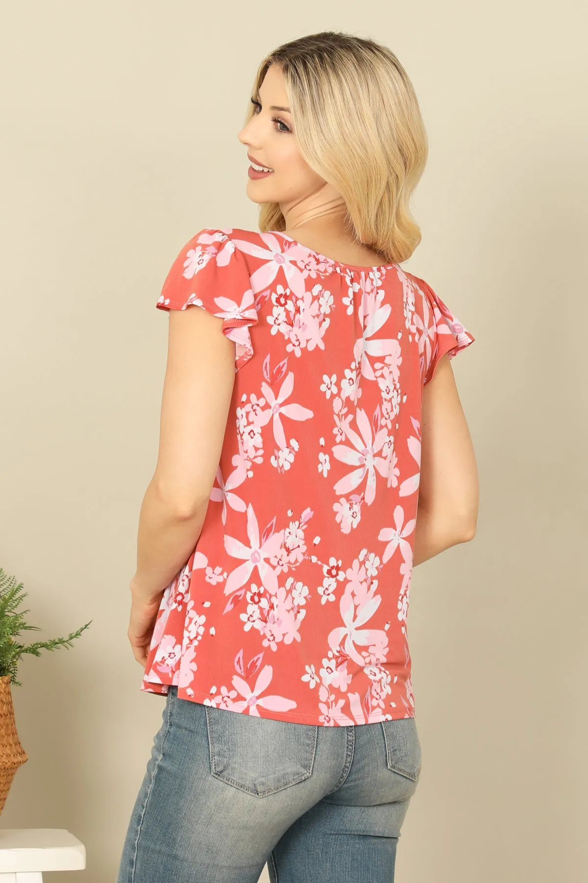 FLORAL SCOOP NECK RUFFLE SHORT SLEEVE TOP