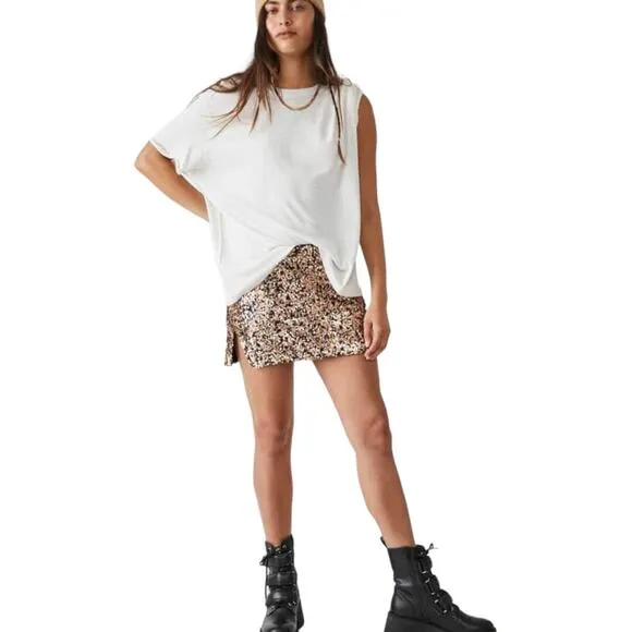 Free People Annalise Sequin Mini Skirt 6 New Gold Black Slit Edgy Boho Glam