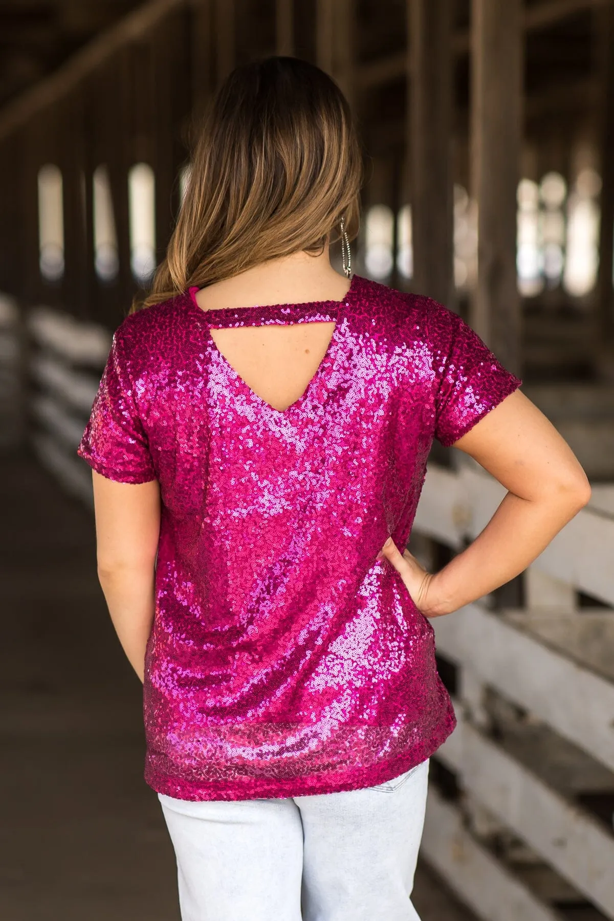 Fuchsia Sequin Short Sleeve Top