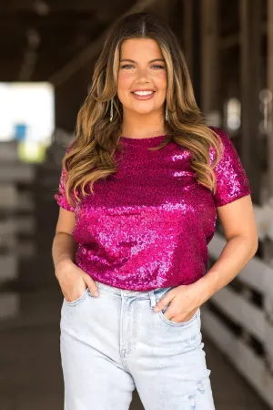 Fuchsia Sequin Short Sleeve Top
