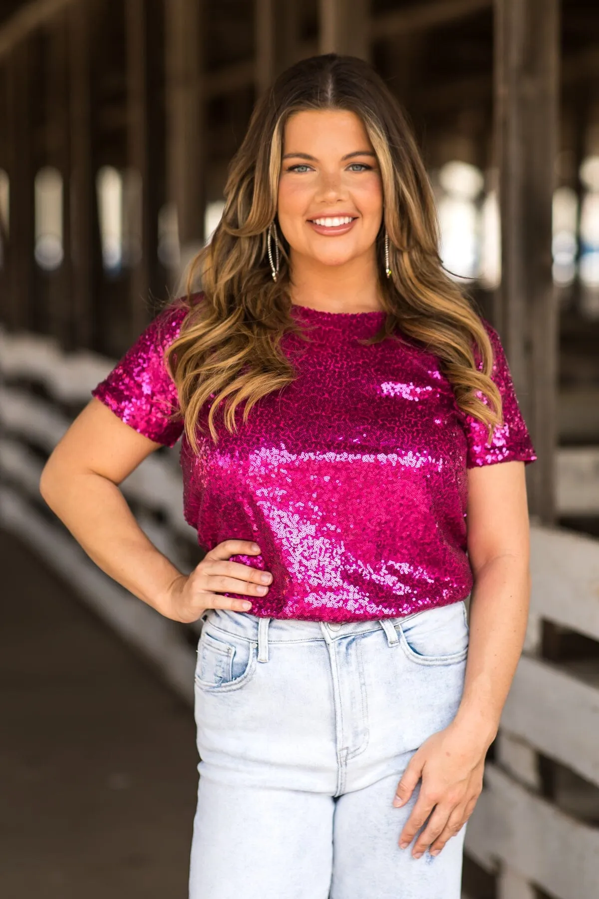Fuchsia Sequin Short Sleeve Top