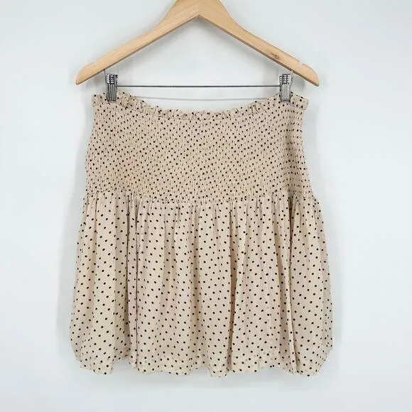 GANNI Elm Shirred Polka Dot Georgette Mini Skirt High Waist Smocked Ruffle