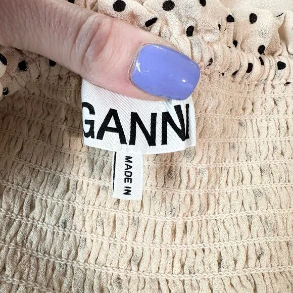 GANNI Elm Shirred Polka Dot Georgette Mini Skirt High Waist Smocked Ruffle