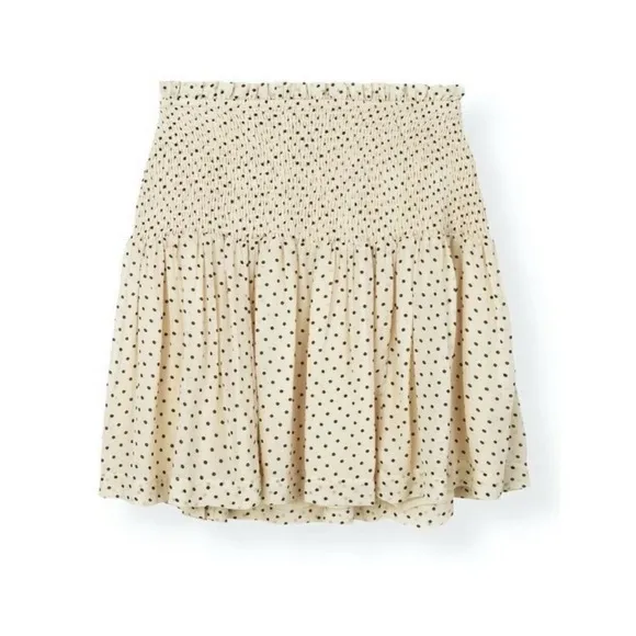 GANNI Elm Shirred Polka Dot Georgette Mini Skirt High Waist Smocked Ruffle