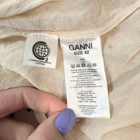 GANNI Elm Shirred Polka Dot Georgette Mini Skirt High Waist Smocked Ruffle