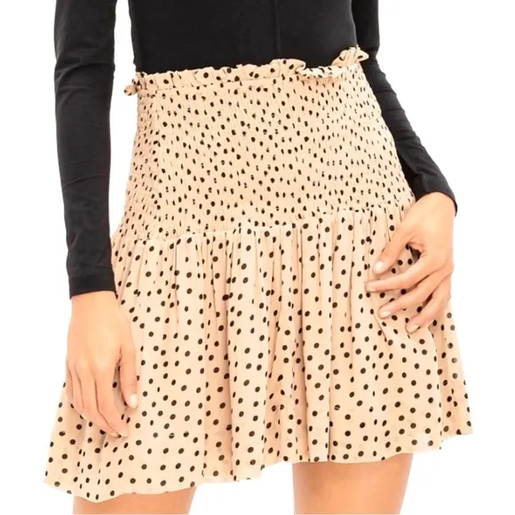 GANNI Elm Shirred Polka Dot Georgette Mini Skirt High Waist Smocked Ruffle