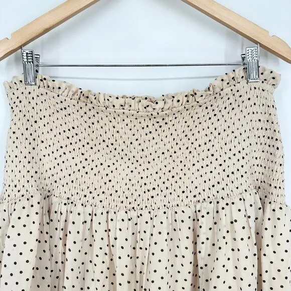 GANNI Elm Shirred Polka Dot Georgette Mini Skirt High Waist Smocked Ruffle