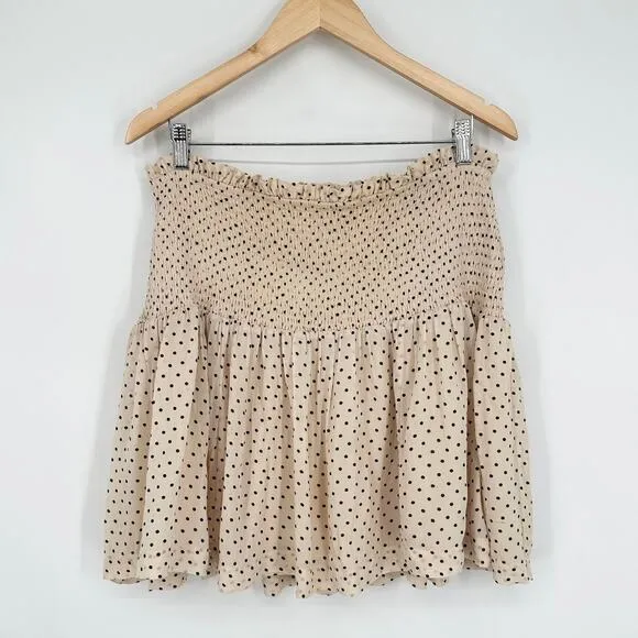 GANNI Elm Shirred Polka Dot Georgette Mini Skirt High Waist Smocked Ruffle
