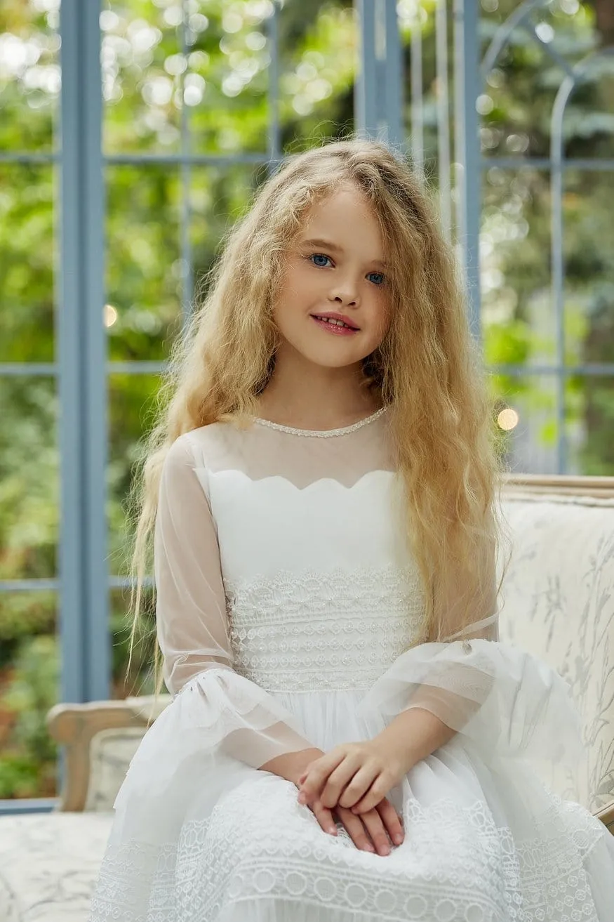 Girl's Soft Tulle Long First Communion Dress