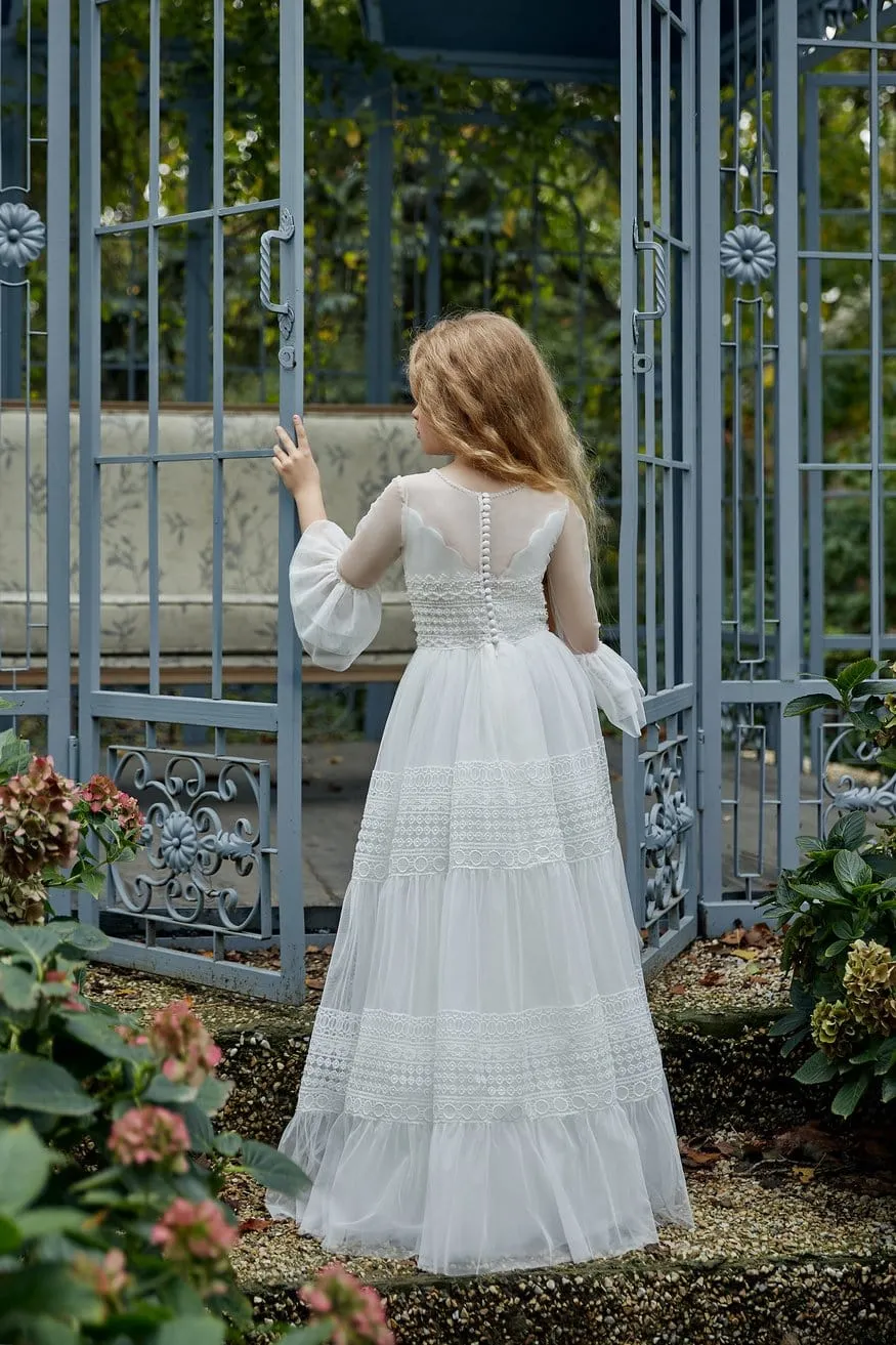 Girl's Soft Tulle Long First Communion Dress