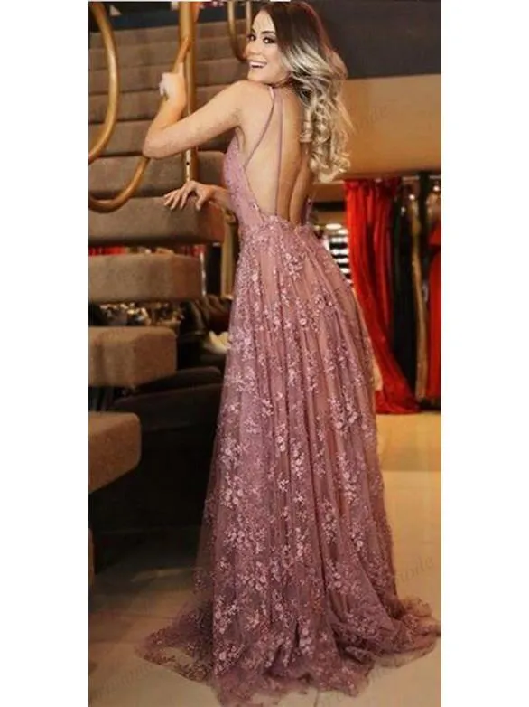 Glamorous Lace Prom Dresses A-line Backless Appliqued Gowns CP117