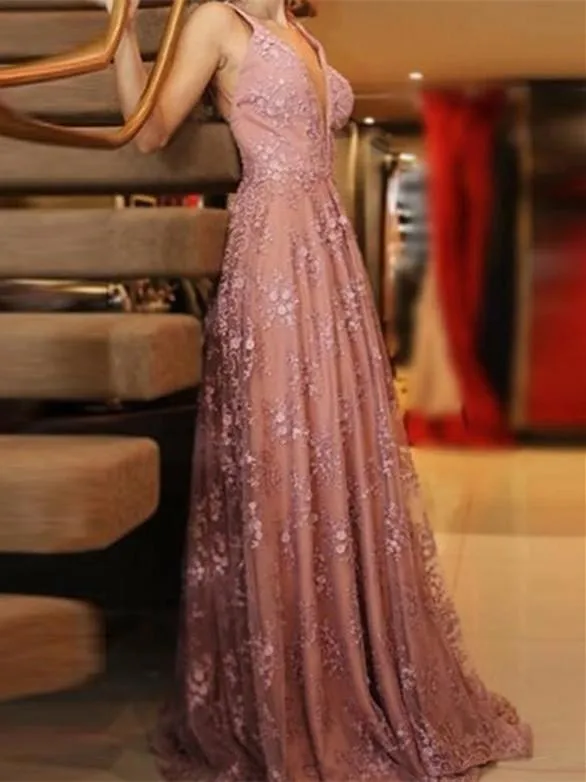 Glamorous Lace Prom Dresses A-line Backless Appliqued Gowns CP117