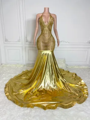 Gold Deep V Neck Sleeveless Maxi Dress with Rhinestone Chains Gowns