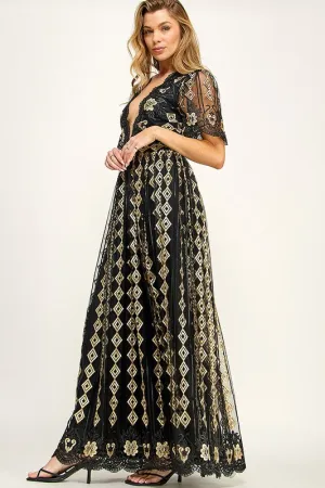 Gold embroidered tulle black dress