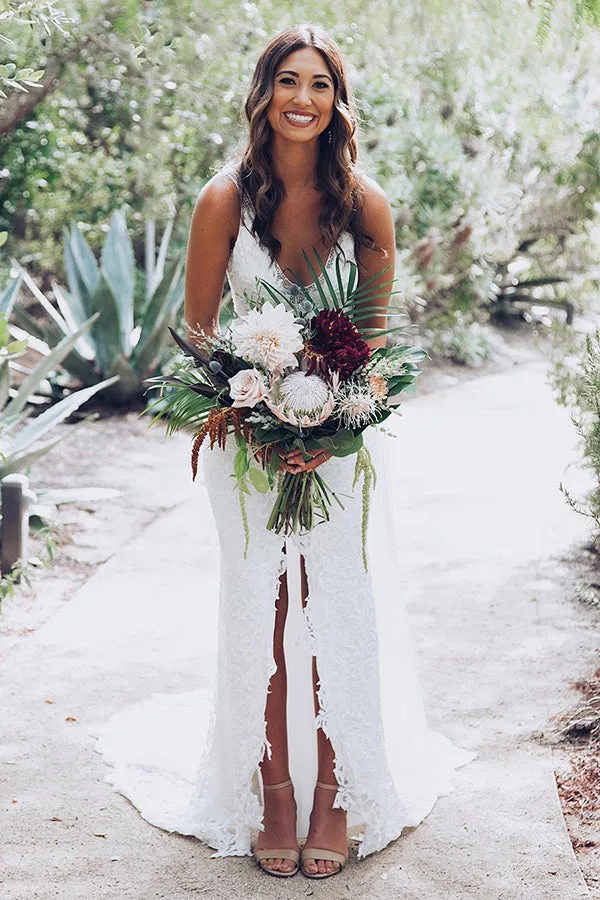 Gorgeous White Deep V-Neck Lace Mermaid Wedding Dress with Split, MW240