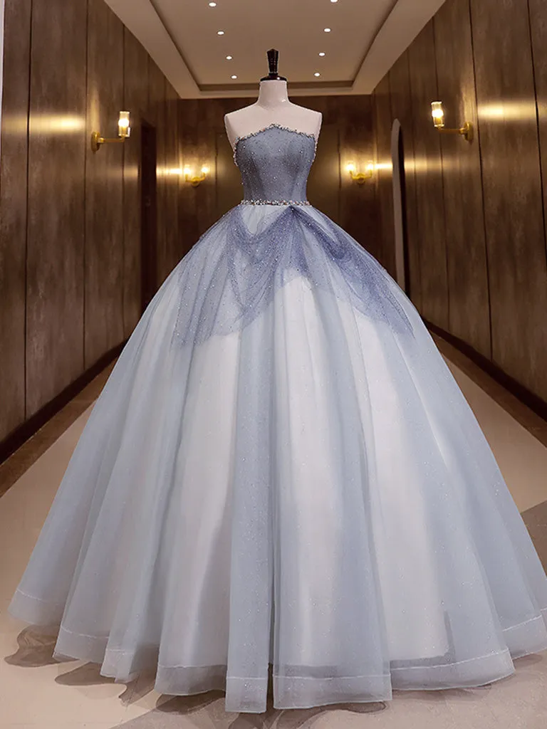 Gray Blue Tulle Long Prom Gown, Gray Blue Sweet 16 Dress