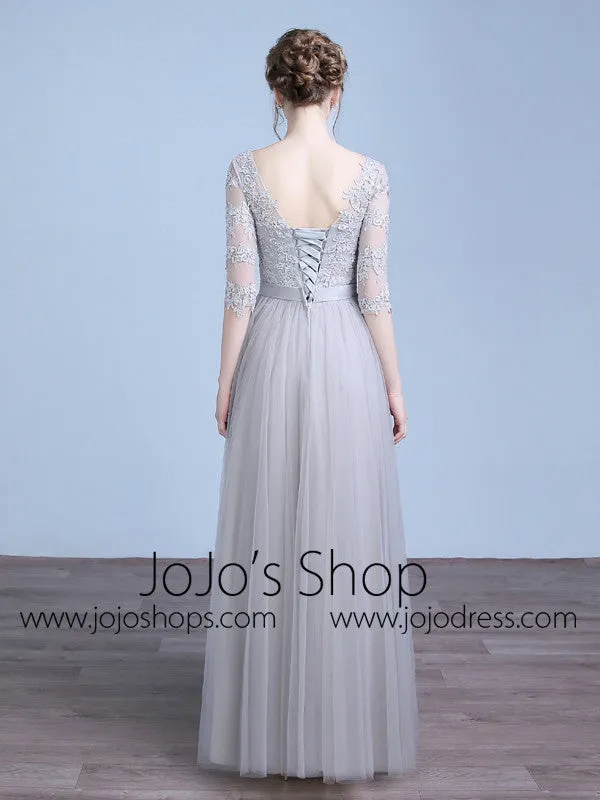 Gray Floor Length Lace Bridesmaid Dress