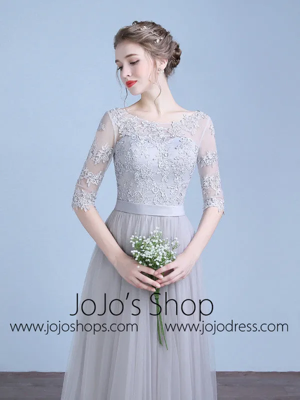 Gray Floor Length Lace Bridesmaid Dress