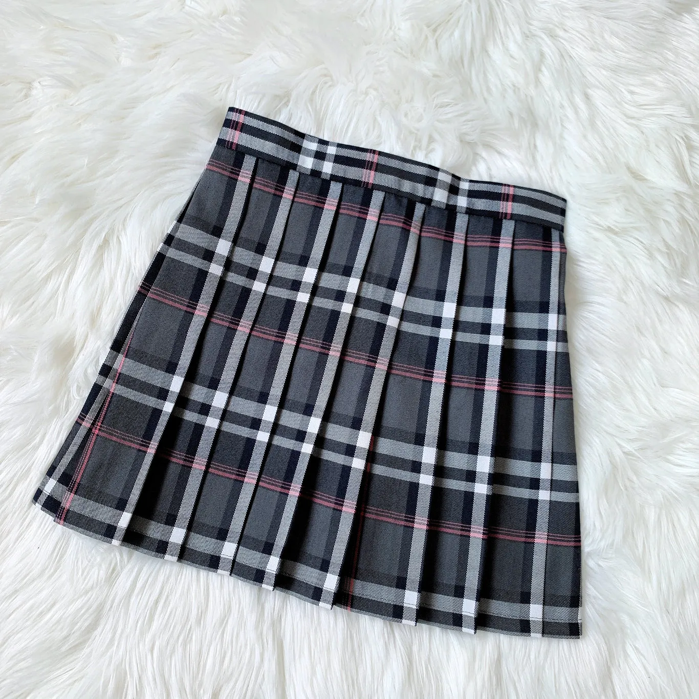 Gray pink plaid high waist pleated skirt YC24208