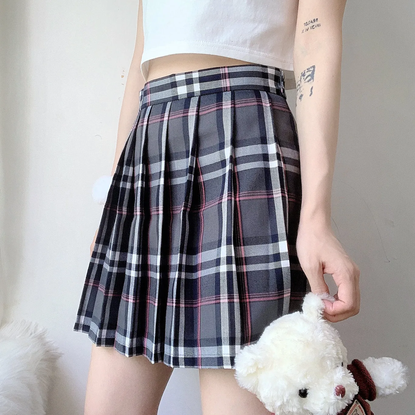 Gray pink plaid high waist pleated skirt YC24208