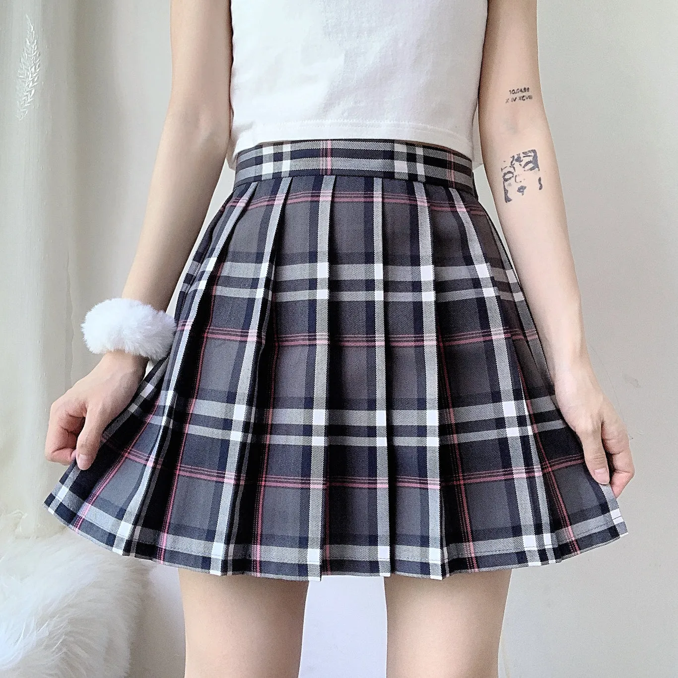 Gray pink plaid high waist pleated skirt YC24208