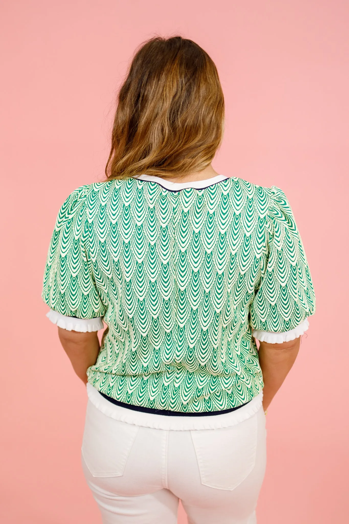 Green Pattern Ruffle Trim Top