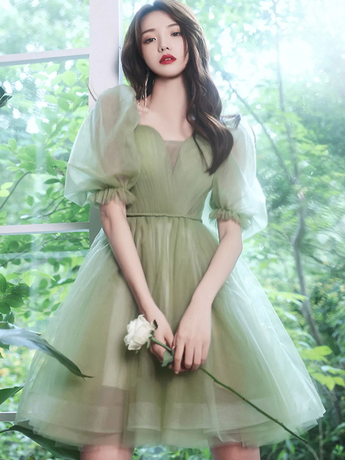 Green tulle short prom dress, green tulle homecoming dress