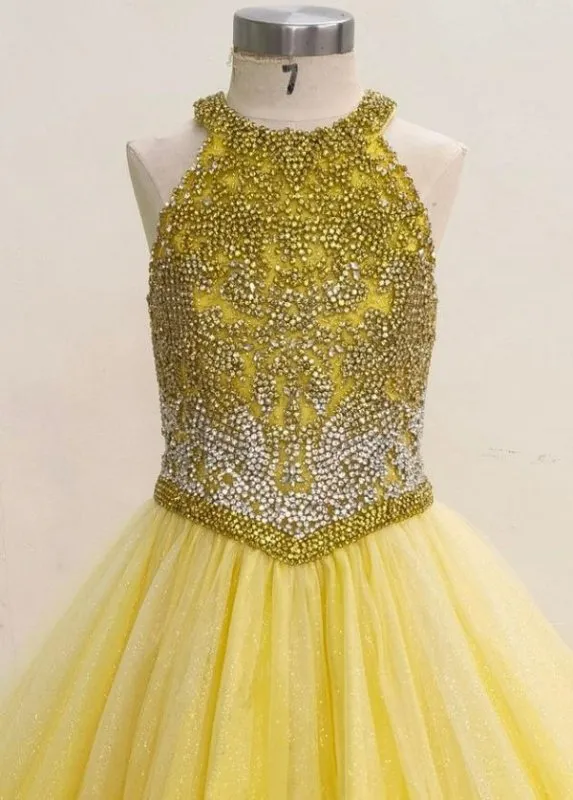 Halter Beaded Bodice Little Girl Long Yellow Pagant Dress
