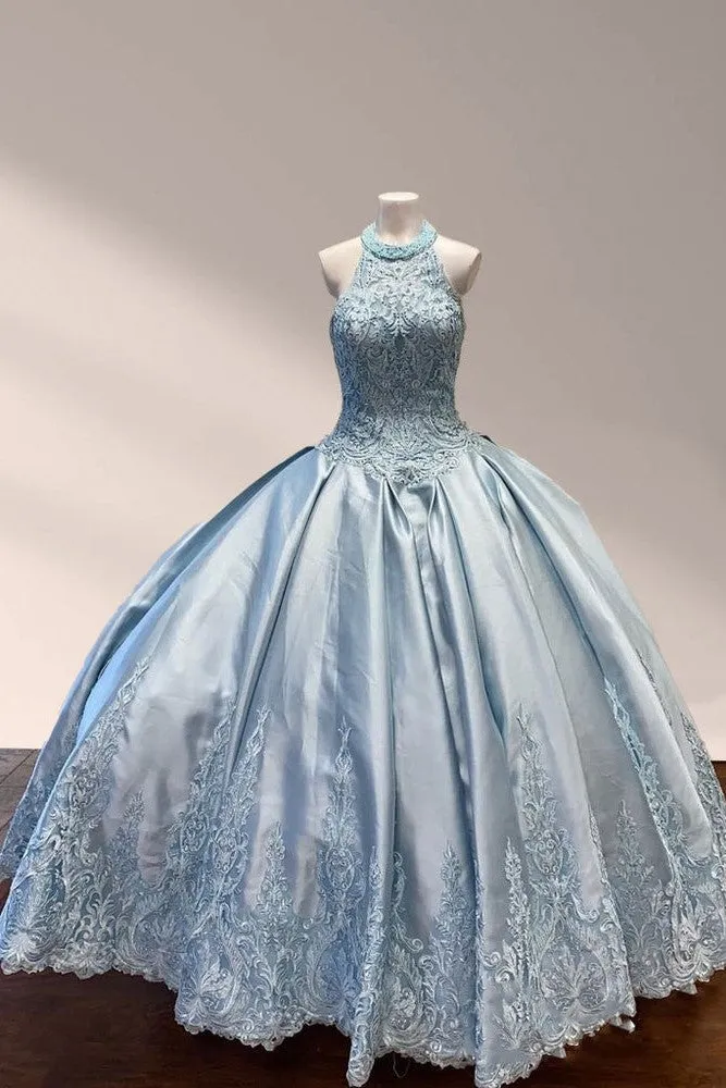 Halter Beading Sky Blue Satin Sleeveless Quinceanera Dresses