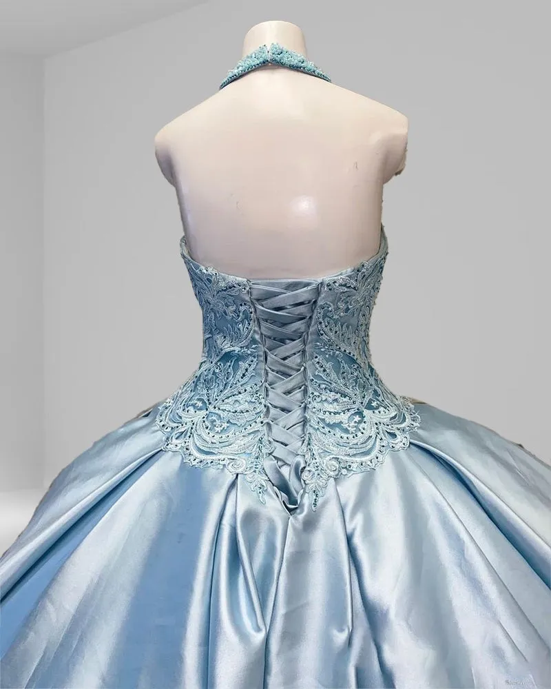 Halter Beading Sky Blue Satin Sleeveless Quinceanera Dresses