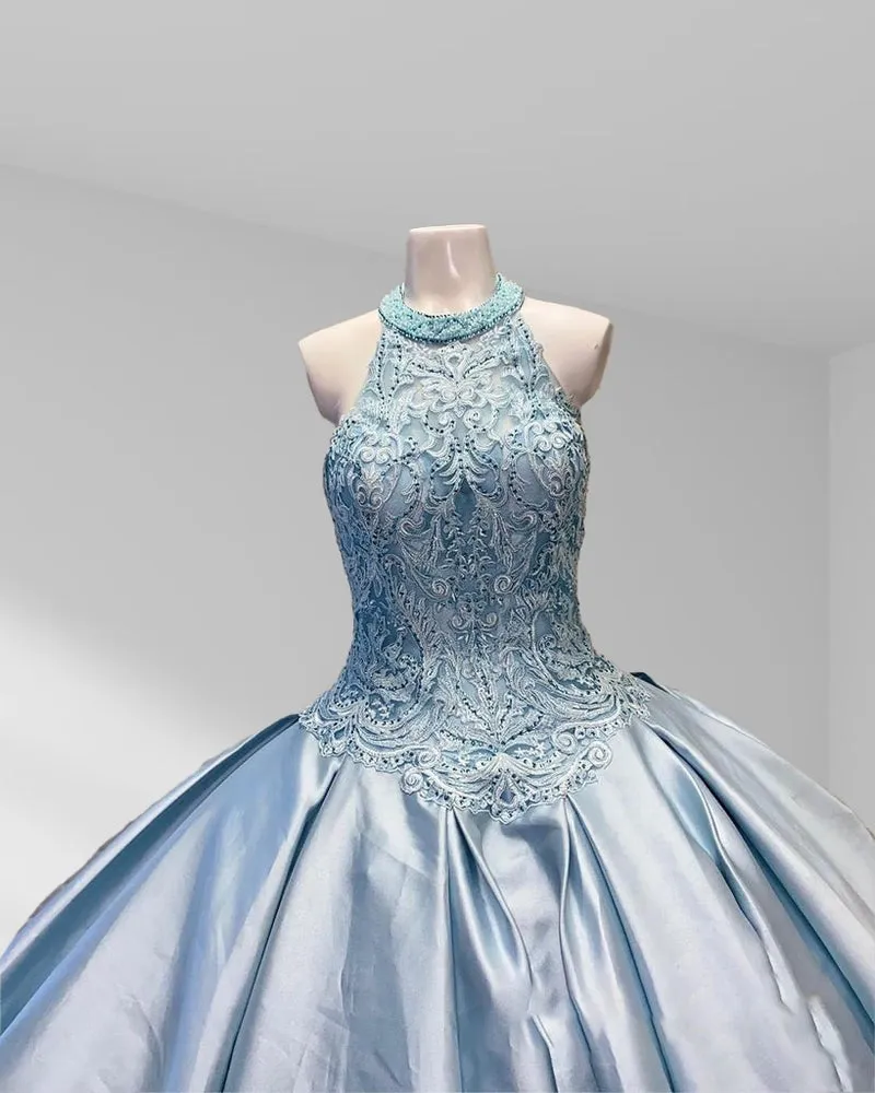 Halter Beading Sky Blue Satin Sleeveless Quinceanera Dresses