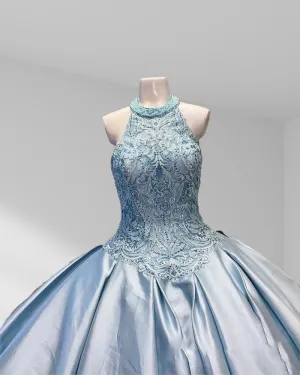 Halter Beading Sky Blue Satin Sleeveless Quinceanera Dresses