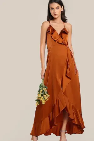 Halter Burnt Orange Long Prom Dress with Flounced Trim