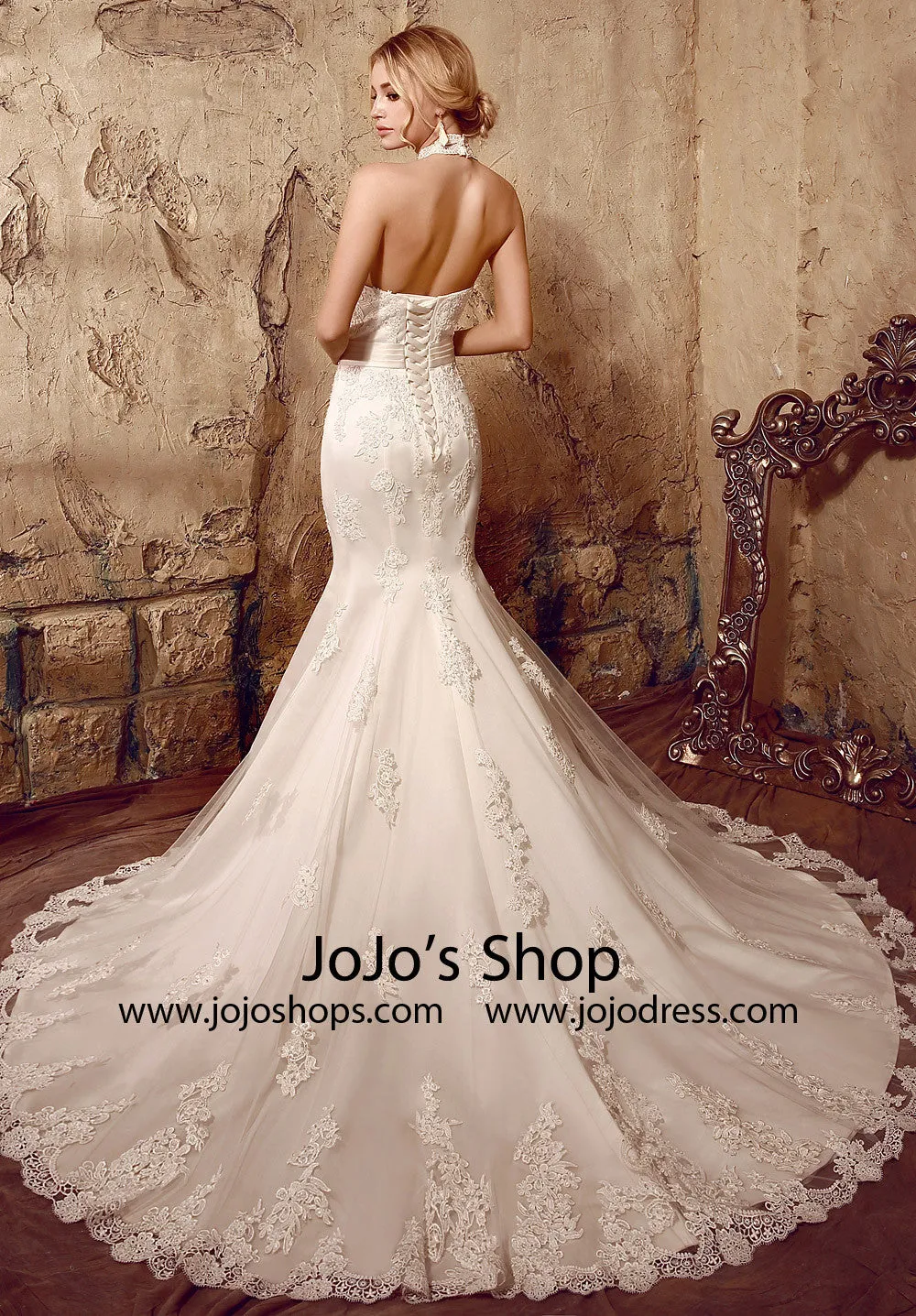 Halter Chantilly Lace Mermaid Wedding Dress | HL1002