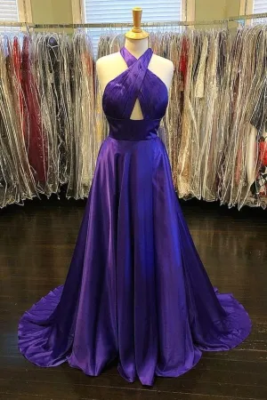 Halter Purple Long Prom Party Dress with Sweep Train