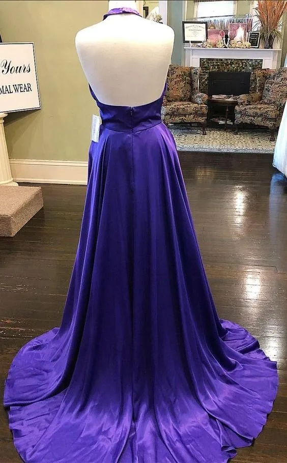 Halter Purple Long Prom Party Dress with Sweep Train