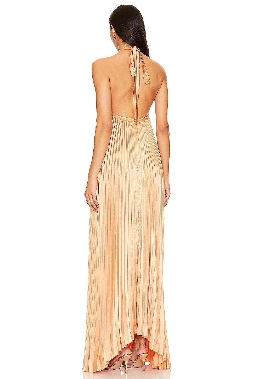 Halterneck pleated satin maxi skirt