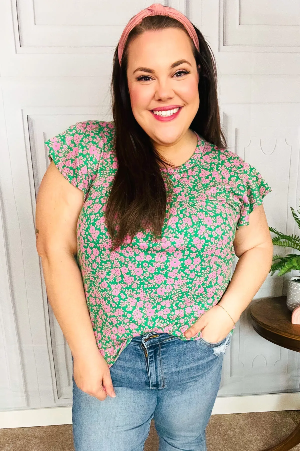 Haptics Dreamy Green & Pink Floral Yoke Ruffle Short Sleeve Top