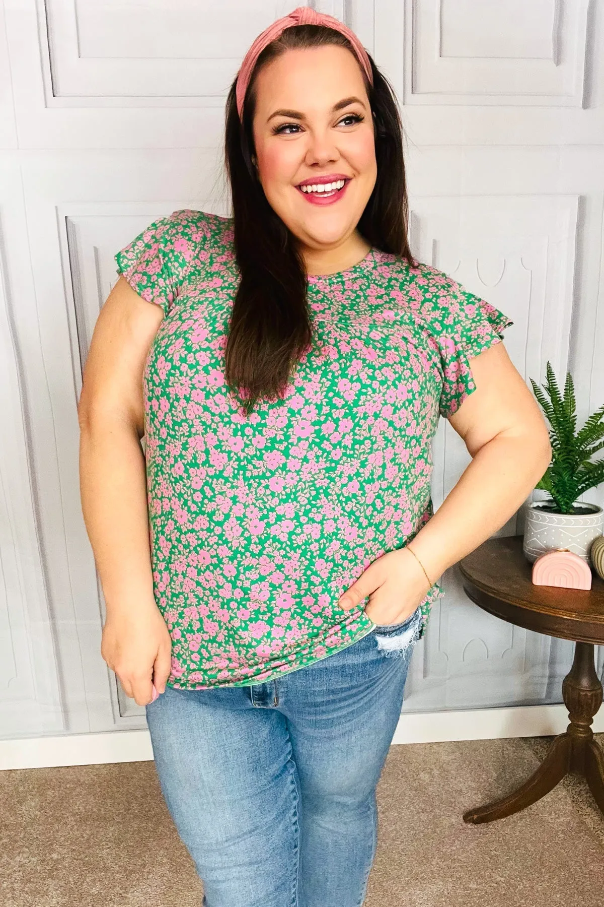 Haptics Dreamy Green & Pink Floral Yoke Ruffle Short Sleeve Top