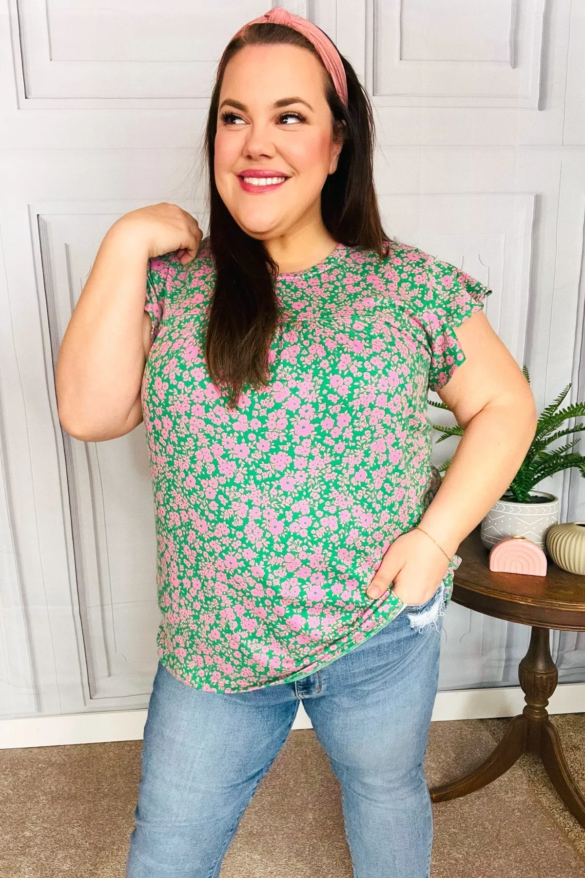 Haptics Dreamy Green & Pink Floral Yoke Ruffle Short Sleeve Top