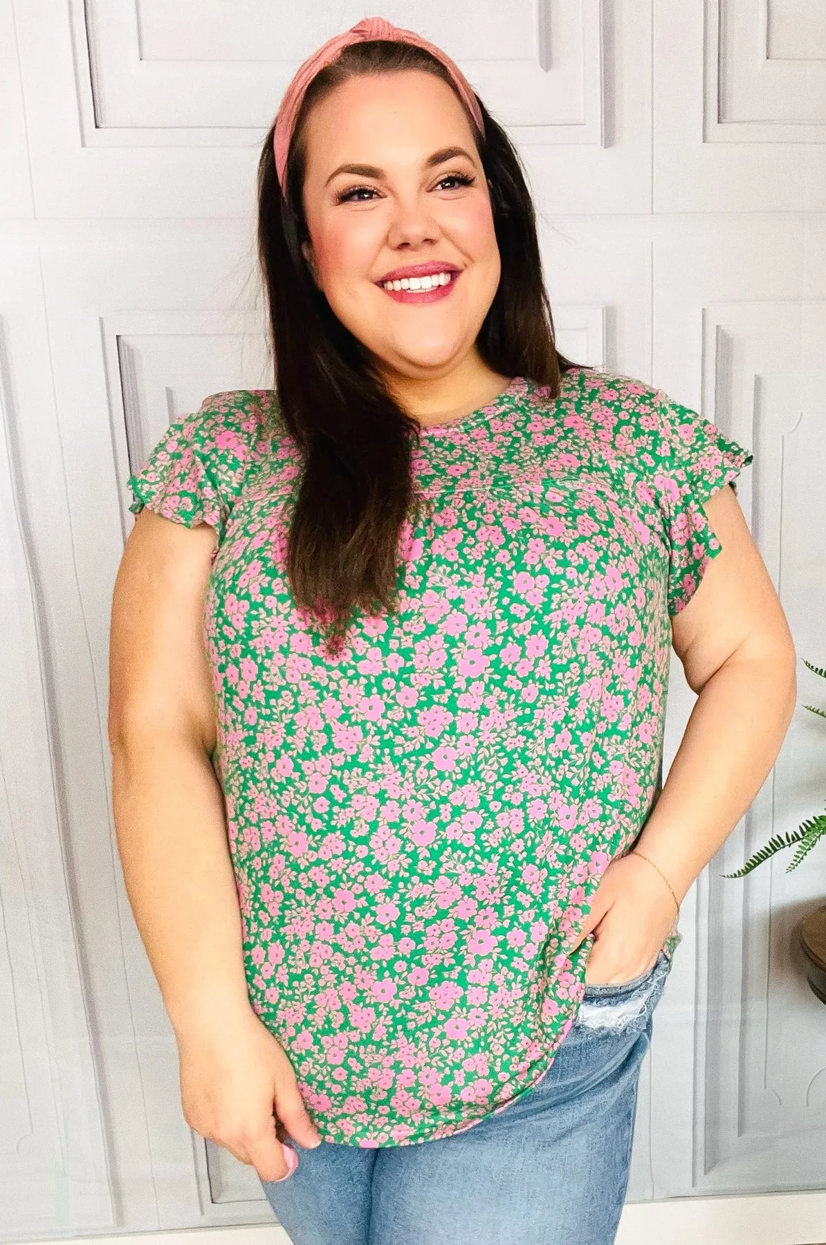 Haptics Dreamy Green & Pink Floral Yoke Ruffle Short Sleeve Top
