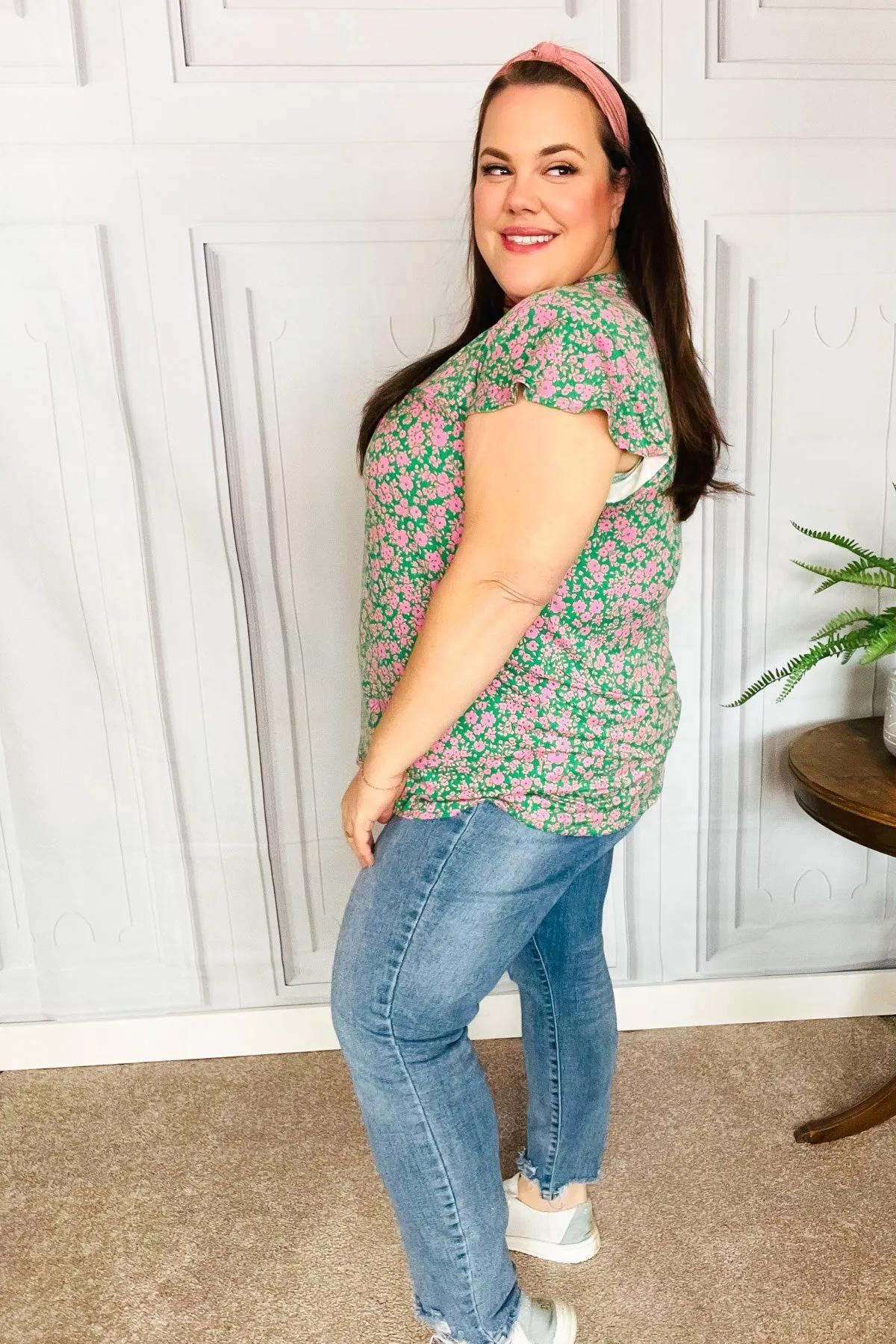 Haptics Dreamy Green & Pink Floral Yoke Ruffle Short Sleeve Top