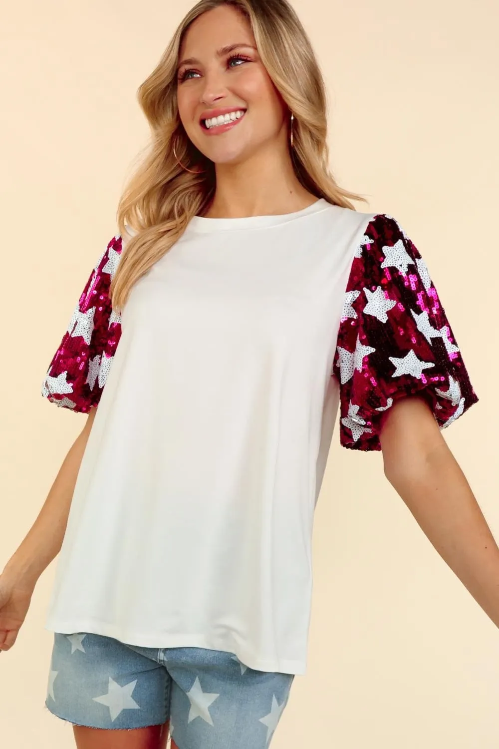 Hazel Blues® |  Haptics Star Sequin Bubble Short Sleeve Top