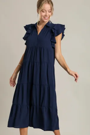 Hazel Blues® | Umgee Johnny Collar Ruffle Cap Sleeve Tiered Dress