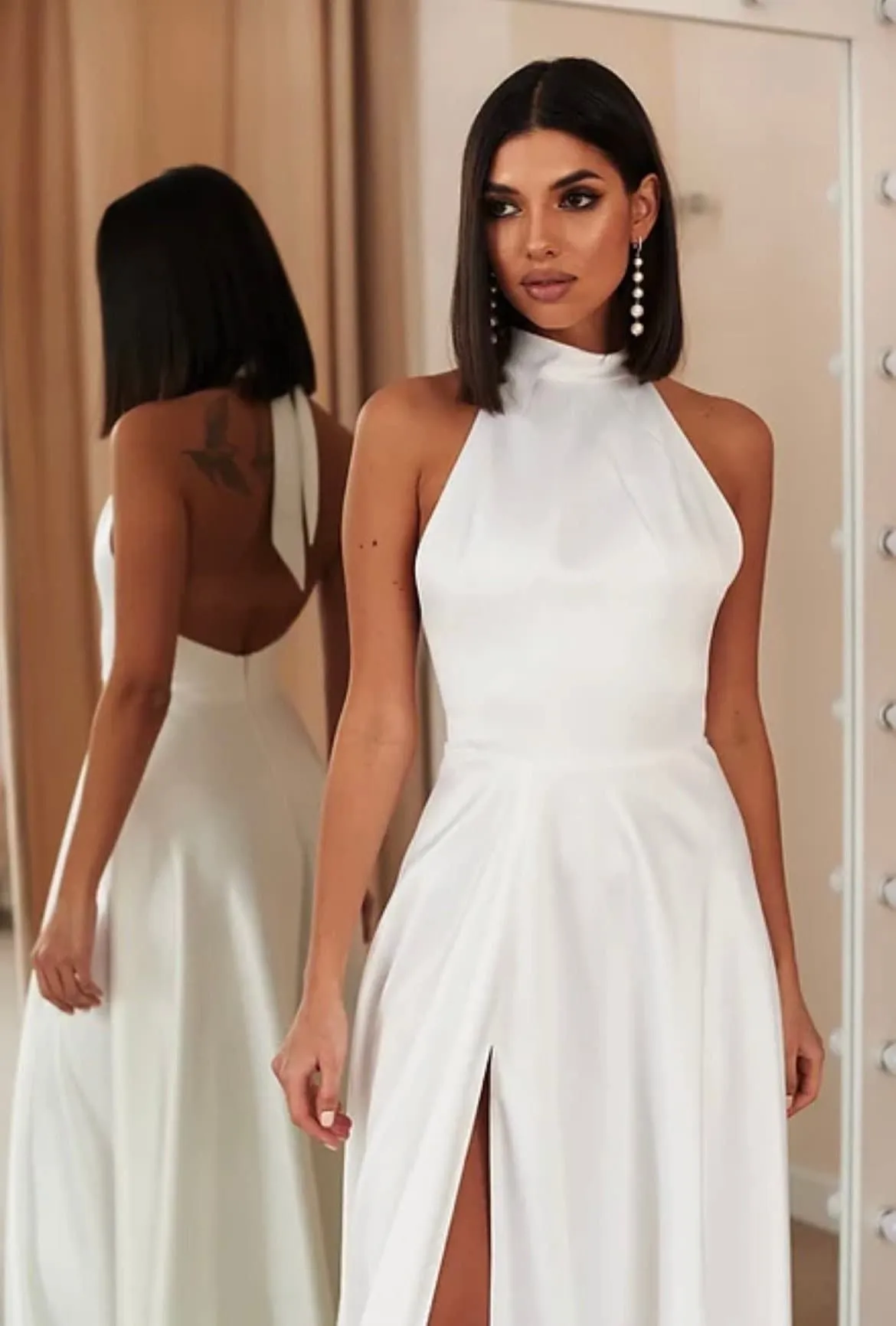 High Halter Wedding Dress with Split Side