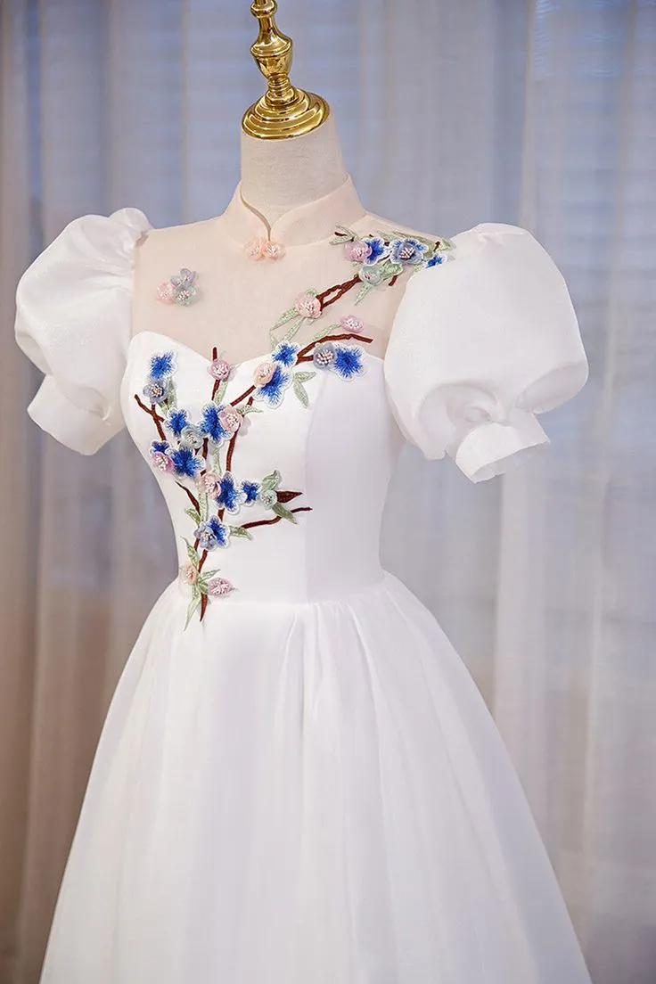 High Neckline A-line Short Sleeves Party Dress, Long Formal Dress       fg5576