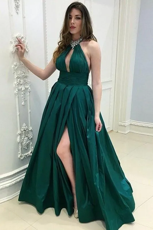 High Slit Side Green Formal Prom Gown Beaded Halter Neckline