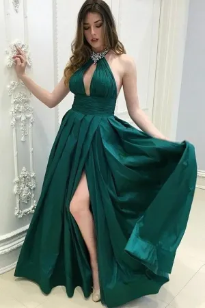 High Slit Side Green Formal Prom Gown Beaded Halter Neckline