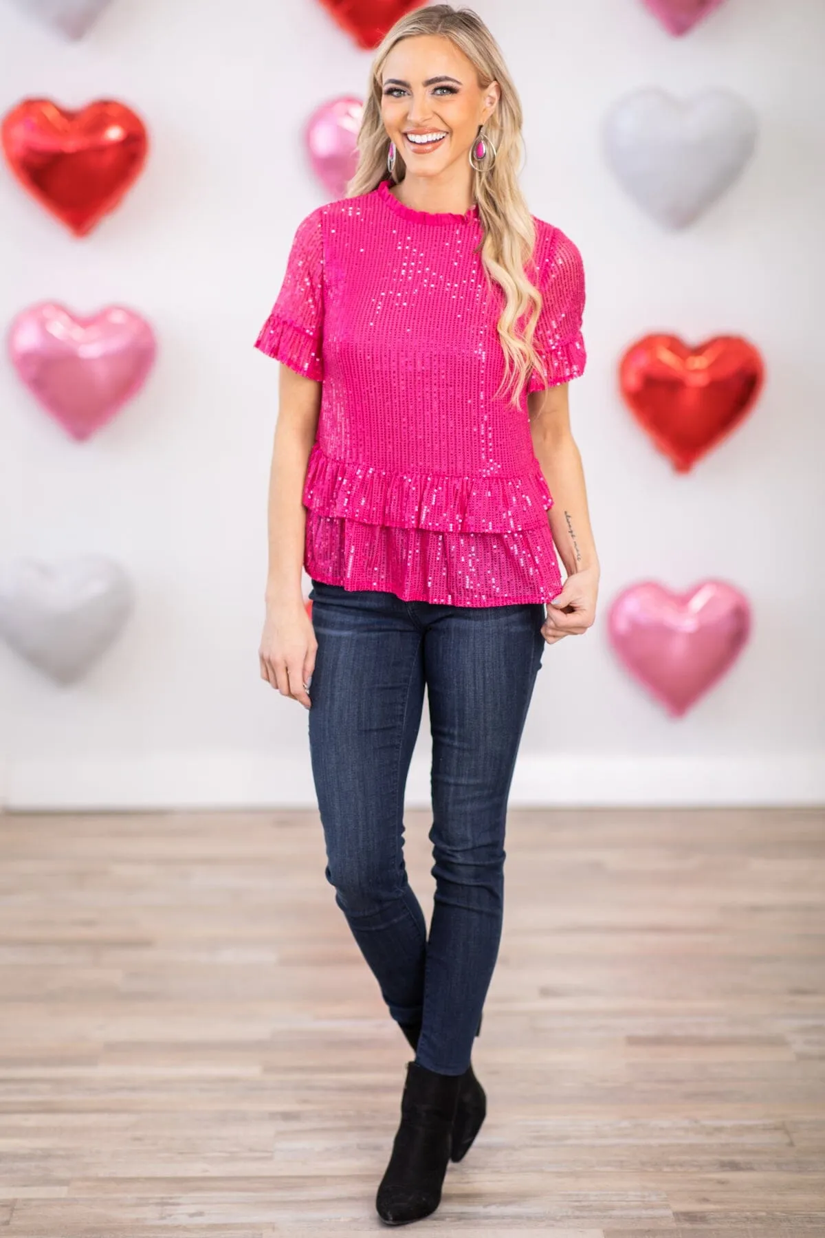 Hot Pink Ruffle Trim Sequin Top